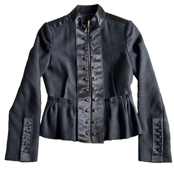 EUC BCBGMaxzzria Wool Peplum Satin-Trimmed Military Jacket Black womens Smalll S - Picture 1 of 12